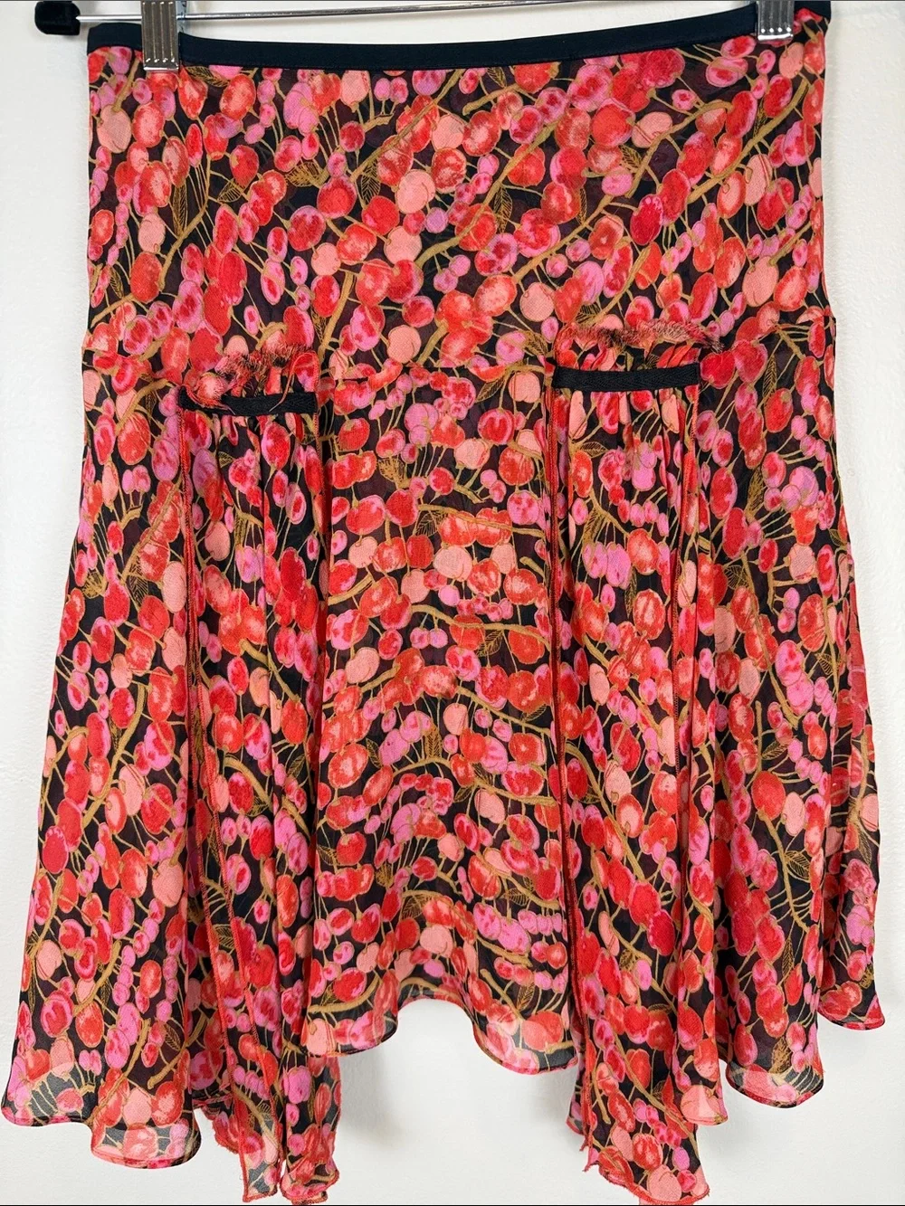 Intuitions A-Line Silk Skirt in Red and Pink Cherries